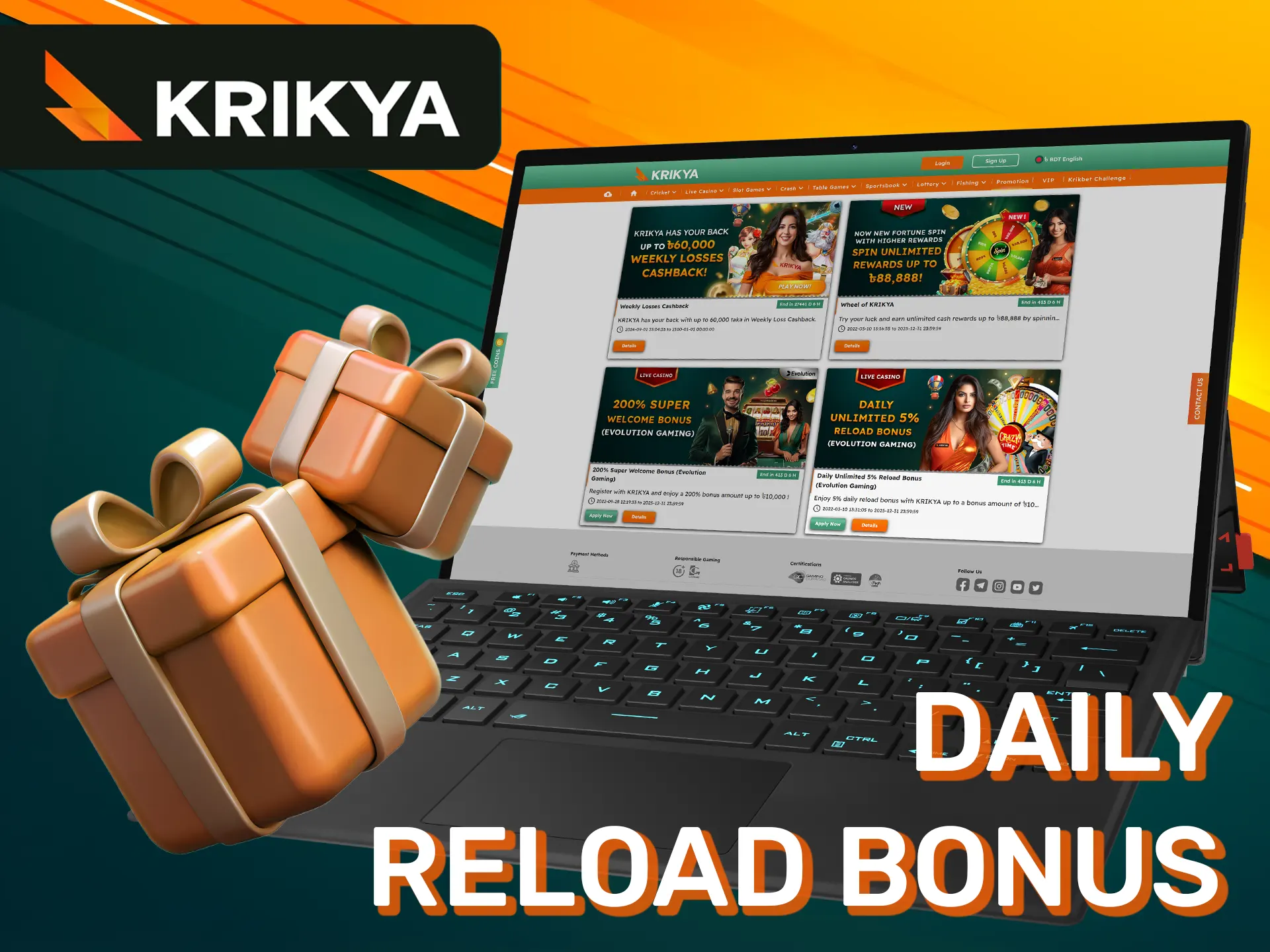 Get unlimited 5% reload bonus daily at Krikya casino.