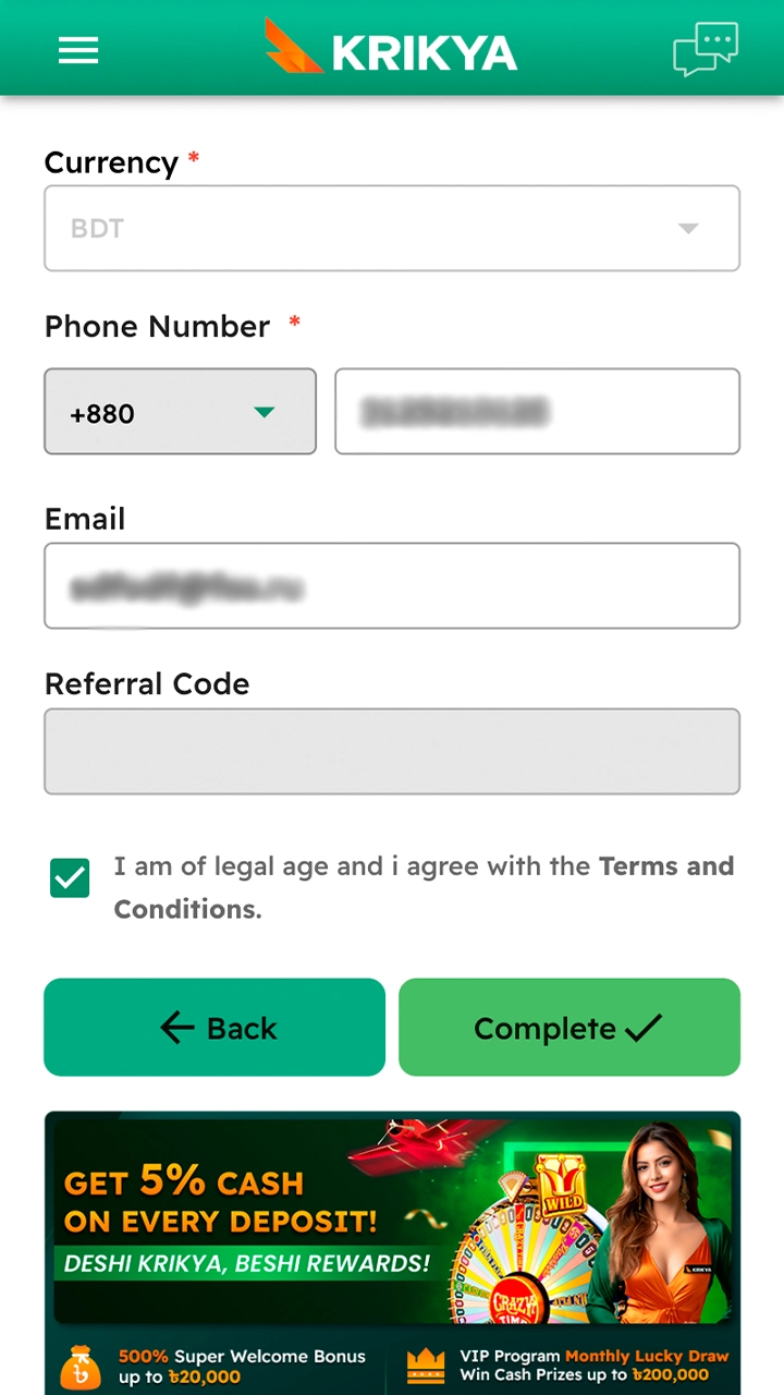 Complete Krikya registration by confirming your legal age and agreeing to terms to unlock exclusive games, bonuses, and promotions in Bangladesh after completing registration.