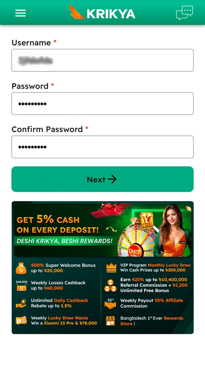 Enter the required information by creating a username, a strong password, and providing your phone number and email during Krikya registration.